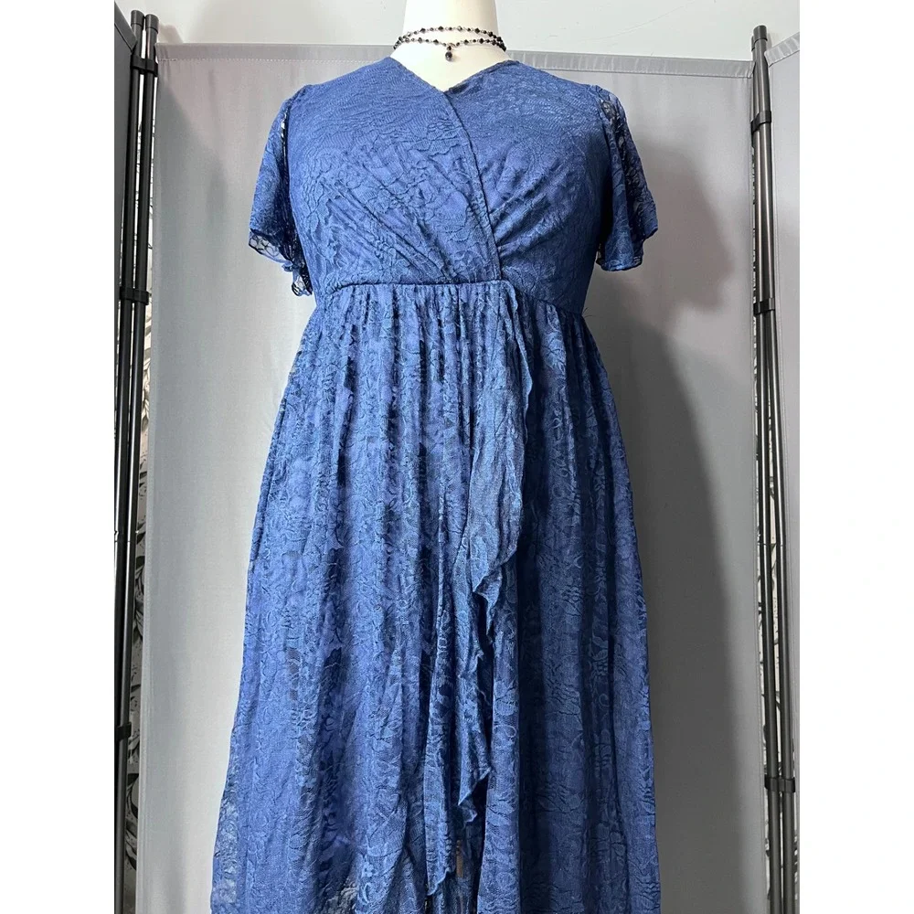 Royal Blue Floral Lace High-Low Faux Wrap Empire Waist Dress with Ruffle Detail - Picture 3 of 13